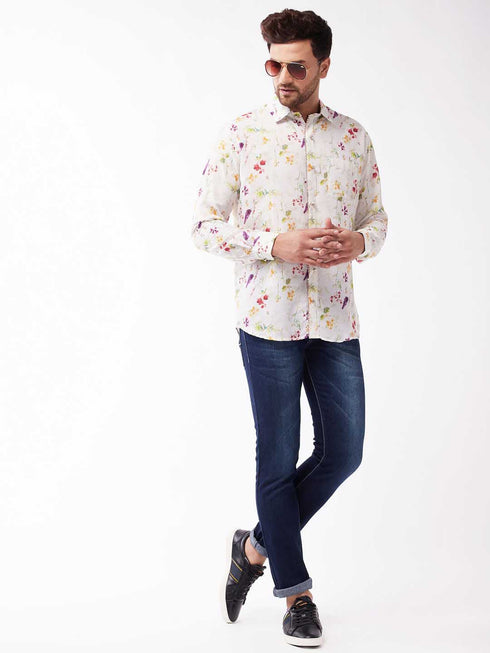 Men's Multicolour-Base-Cream Muslin Ethnic Shirtt